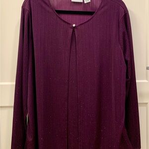 Jaclyn Smith Deep Purple Sheer Glitter Ribbed Layered Long Sleeve Blouse Size 1X